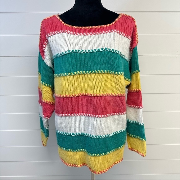 Vintage 90’s Accordeon Cotton Blend Color Block Chunky Knit Oversized Sweater M - Picture 1 of 8